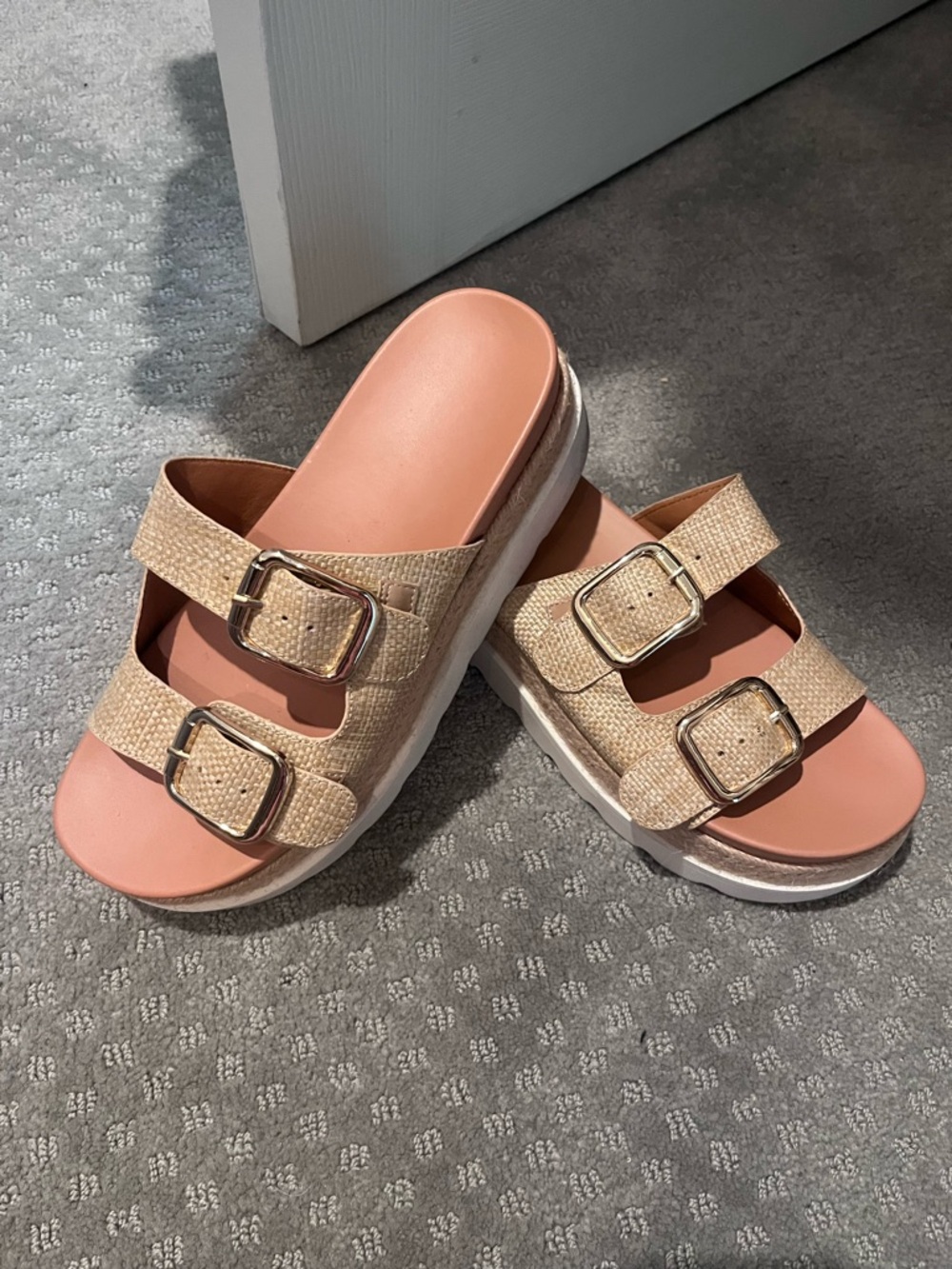 Women’s Beige Double-Band Buckle Slide Sandals